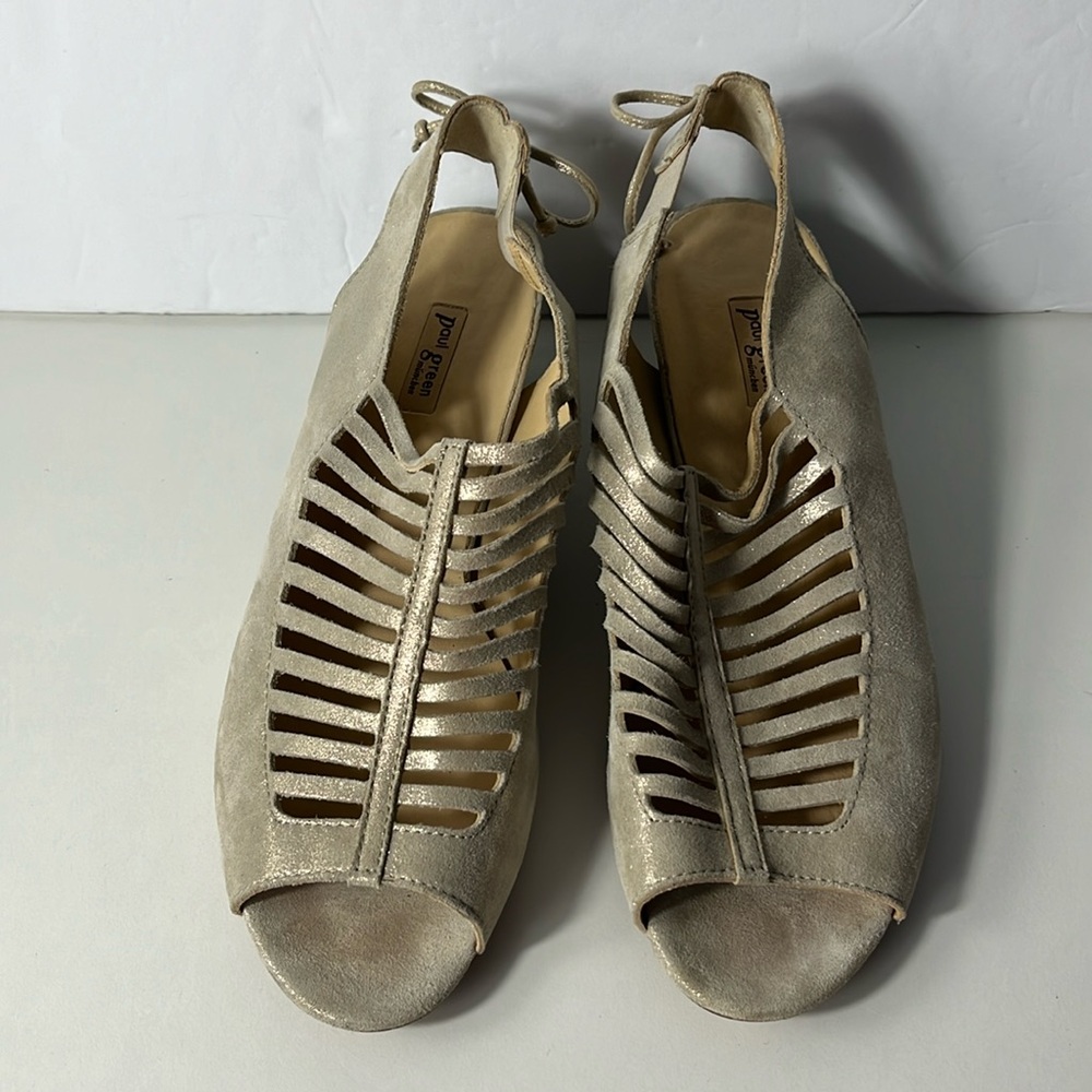 Paul Green Metallic Beige Suede Cutout Peep-Toe Heels